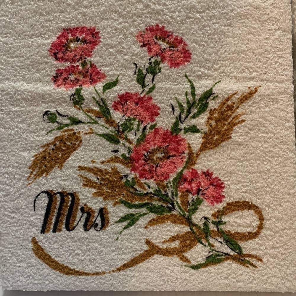 Mr and Mrs Canon Hand Towel Floral Print Fringe Set Vintage MCM Made in USA NOS - Picture 2 of 5